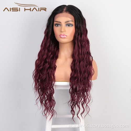 Aisi Hair Topselling 26 Inch Long Wavy Ombre Red Color Wig Body Wave Swiss Lace Wig Synthetic Lace Frontal Wigs For Black Women